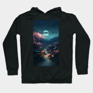 Serene Japanese Village with Cherry Blossoms under the Moonlight Painting Hoodie